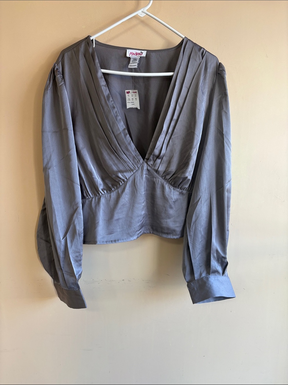 MINKPINK Slate Gray Pleated V-Neck Cropped Blouse